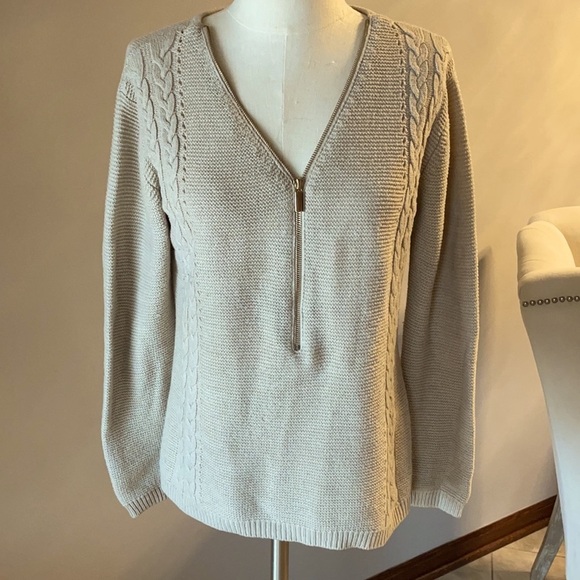 NEW YORK and Co pre owned great condition zip front sweater. Taupe color size L - Picture 1 of 9
